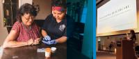 A medical health professional helps a senior indigenous Navajo woman with her medications alongside an image of a woman speaking at a podium